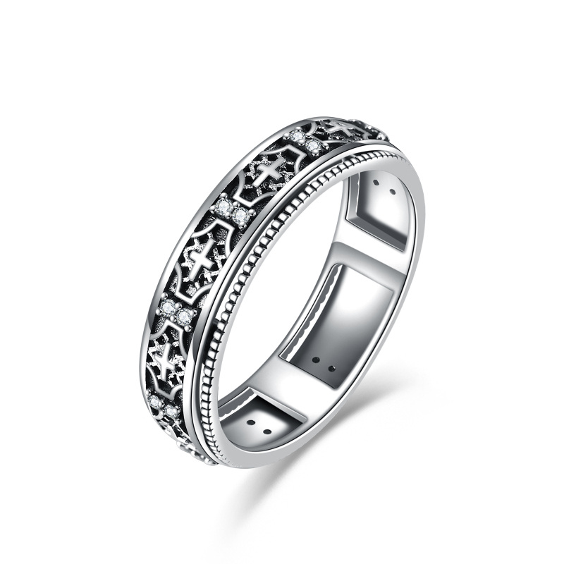 Sterling Silver Cubic Zirconia Cross Spinner Ring-13