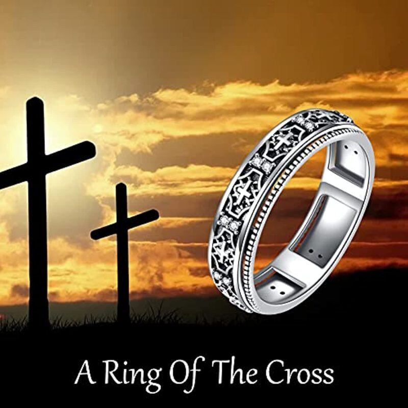 Sterling Silver Cubic Zirconia Cross Spinner Ring-5