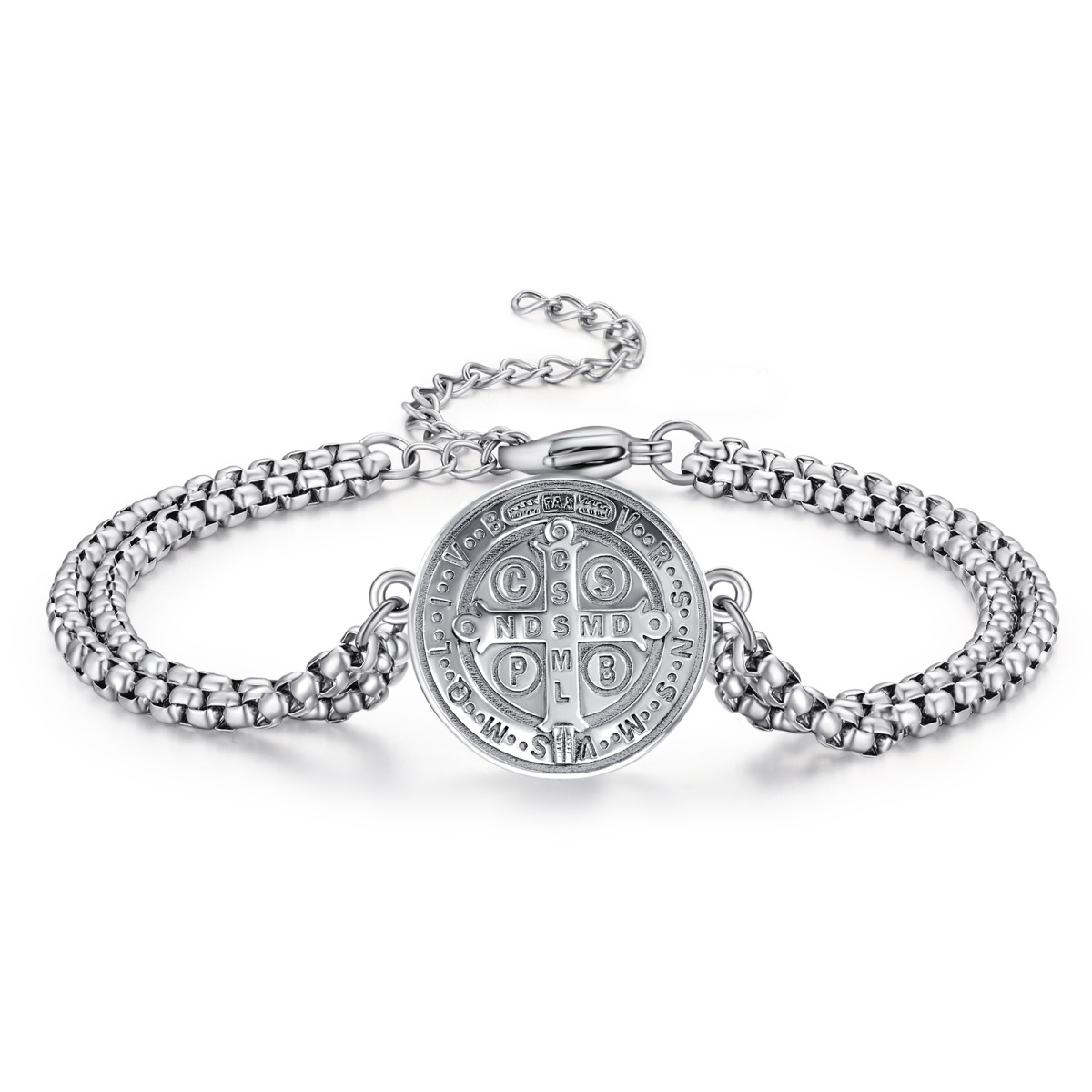 Sterling Silver Cross & St Benedict Medal Charm Bracelet for Men-1