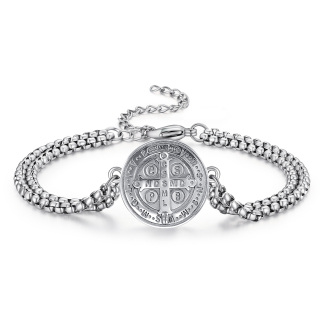 Sterling Silver Cross & St Benedict Medal Charm Bracelet for Men-4