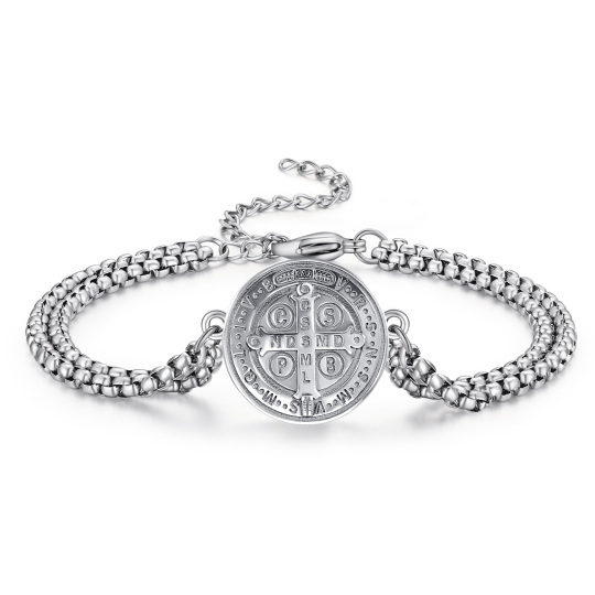 Sterling Silver Cross & St Benedict Medal Charm Bracelet for Men