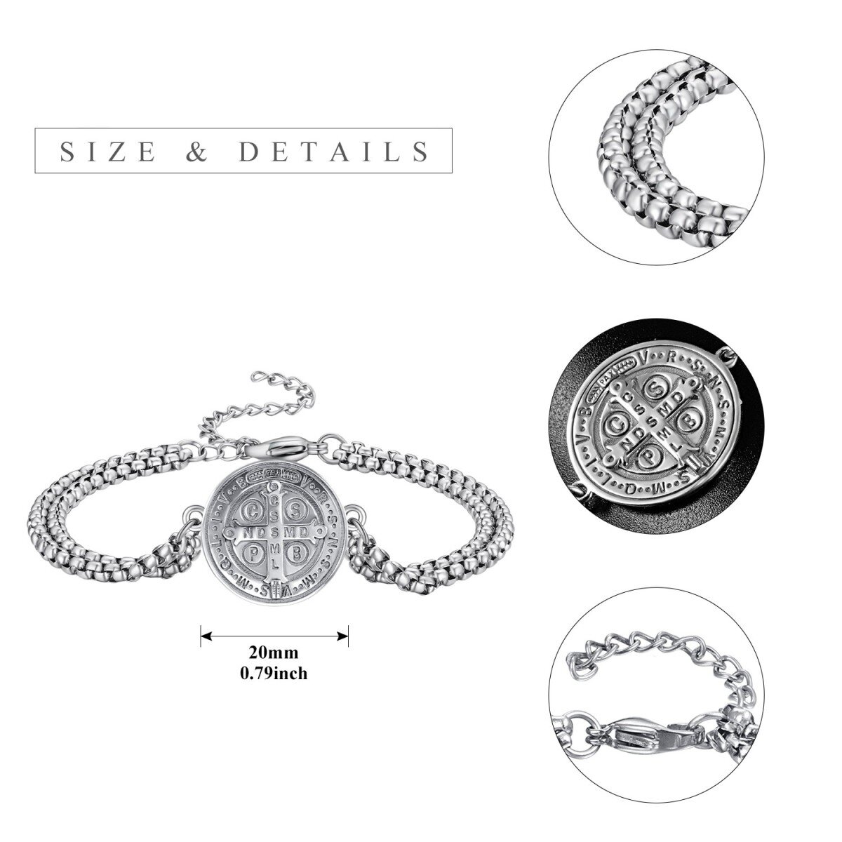 Sterling Silver Cross & St Benedict Medal Charm Bracelet for Men-5