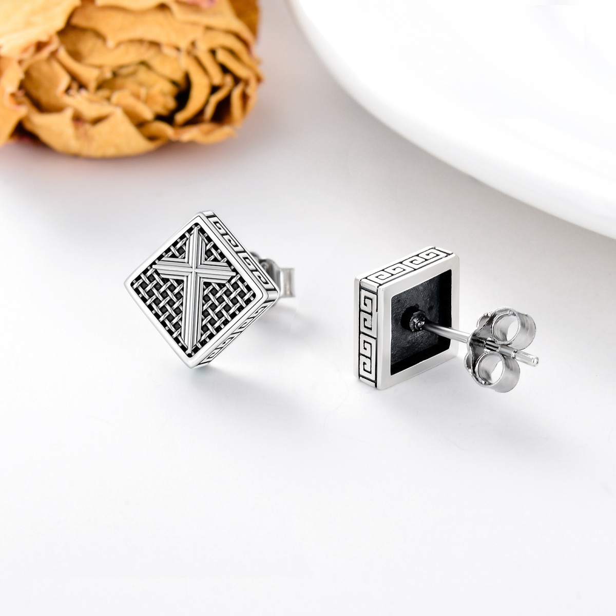 Sterling Silver Cross Stud Earrings for Men-4