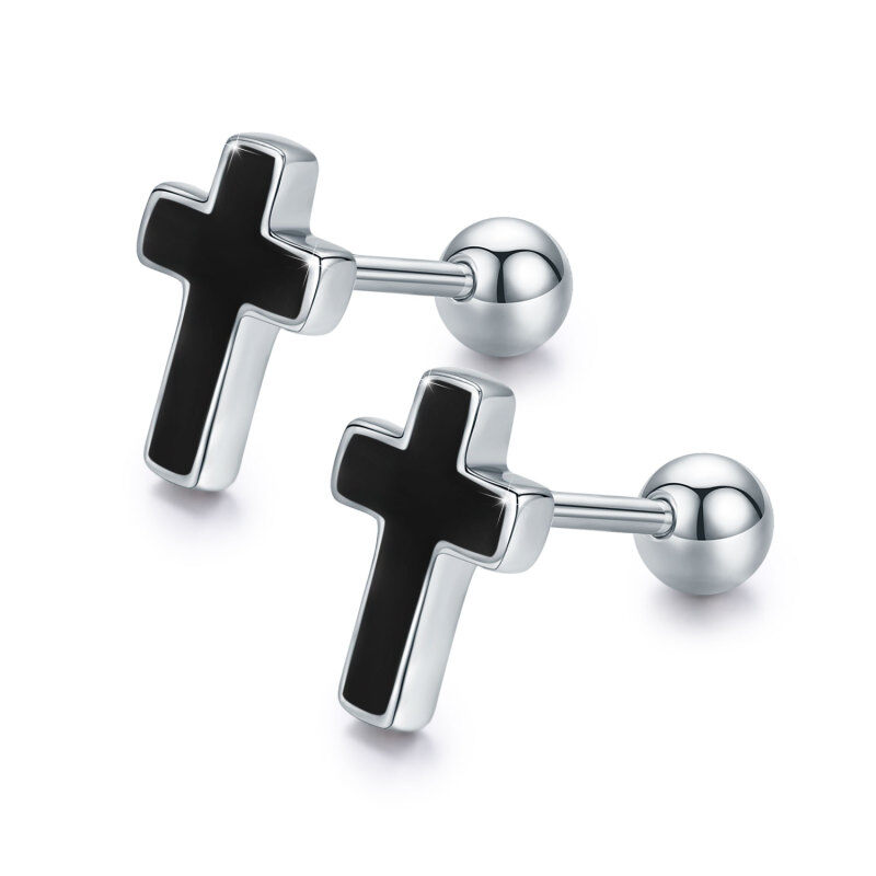 Sterling Silver Cross Stud Earrings-11