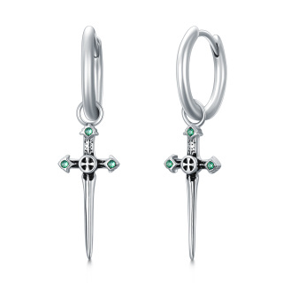 Sterling Silver Cubic Zirconia Cross & Sword Drop Earrings-4