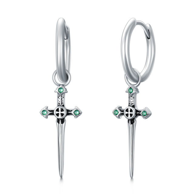 Sterling Silber Cubic Zirkonia Kreuz & Schwert Tropfen Ohrringe-1