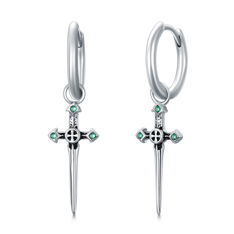 Sterling Silver Cubic Zirconia Cross & Sword Drop Earrings-7
