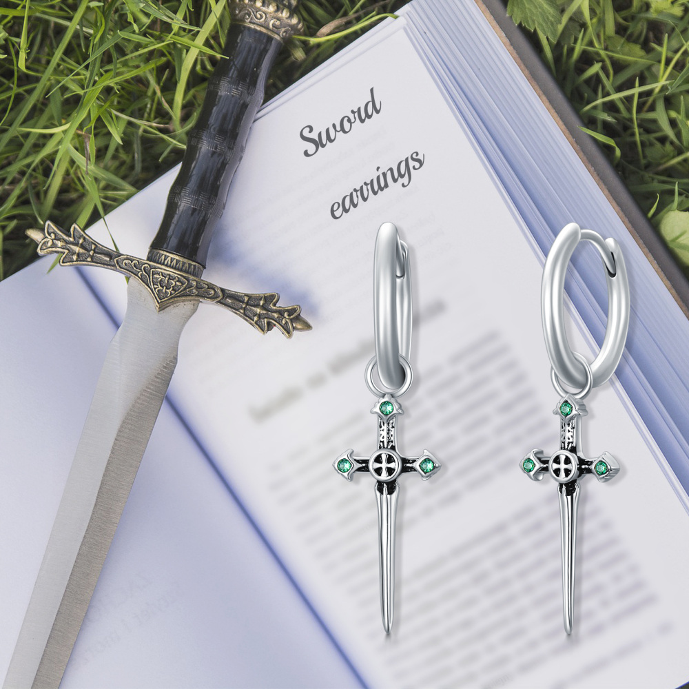 Sterling Silver Cubic Zirconia Cross & Sword Drop Earrings-3