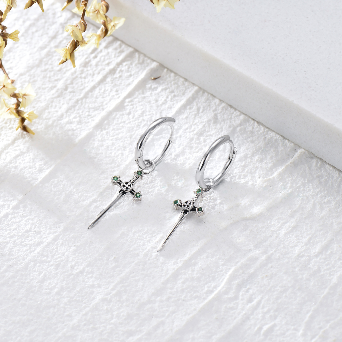 Sterling Silver Cubic Zirconia Cross & Sword Drop Earrings-4