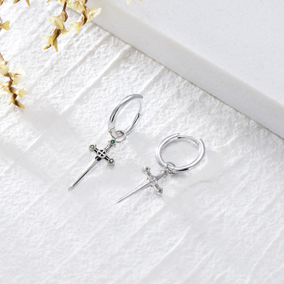 Sterling Silver Cubic Zirconia Cross & Sword Drop Earrings-5