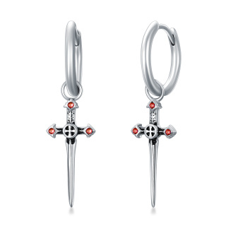 Sterling Silver Cubic Zirconia Cross & Sword Drop Earrings-2