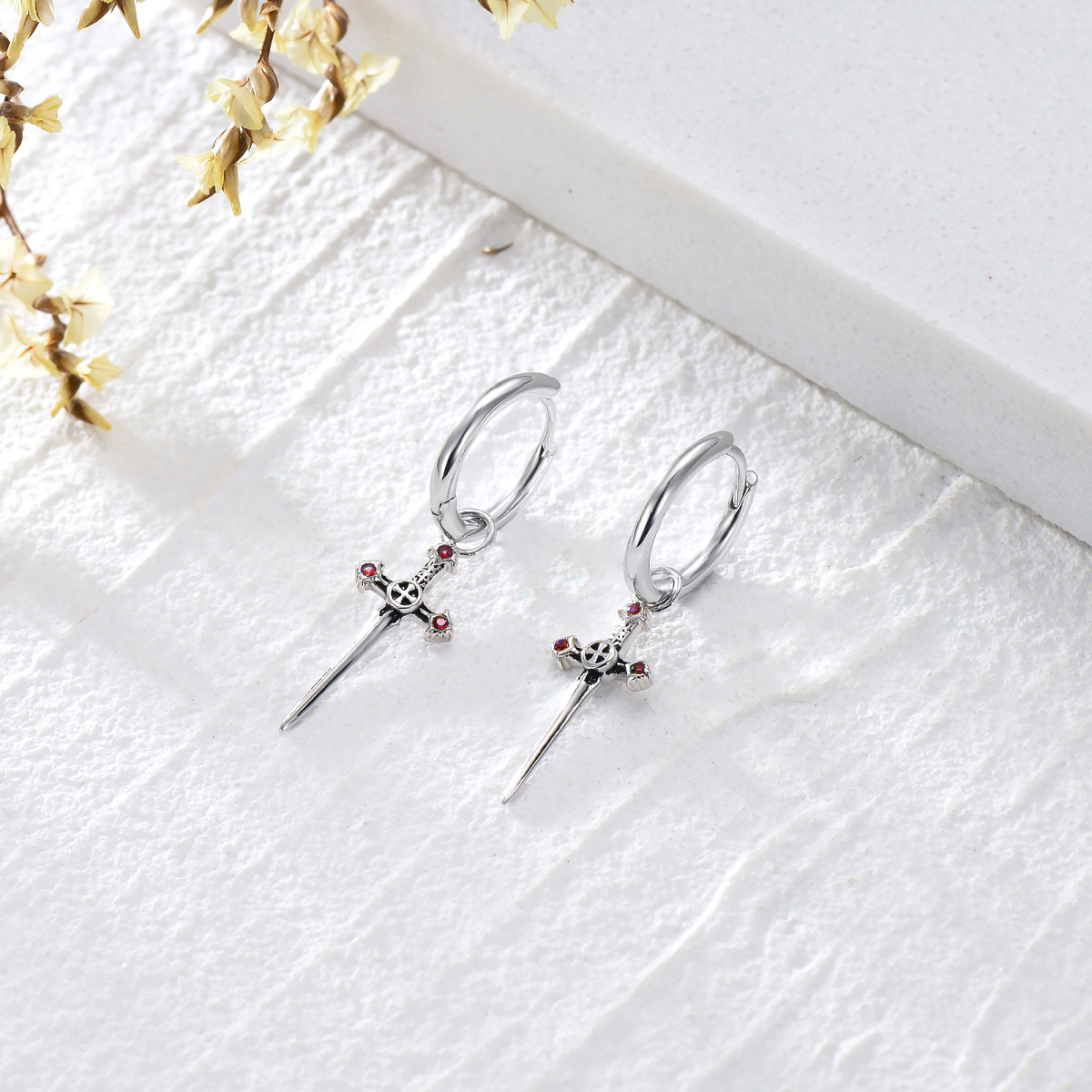 Sterling Silver Cubic Zirconia Cross & Sword Drop Earrings-3