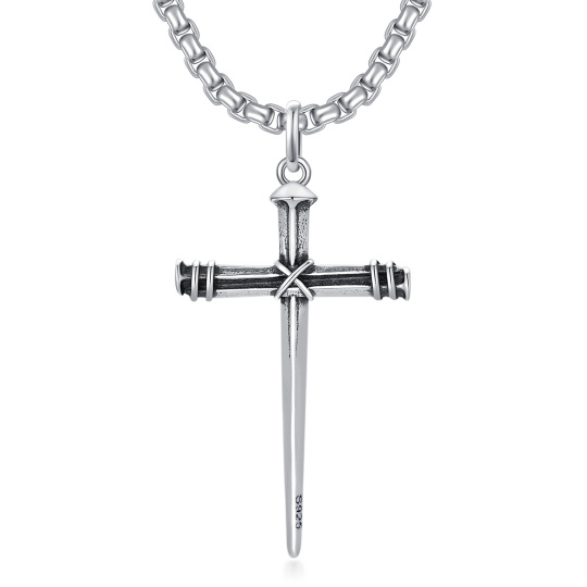 Sterling Silver Cross & Sword Pendant Necklace for Men