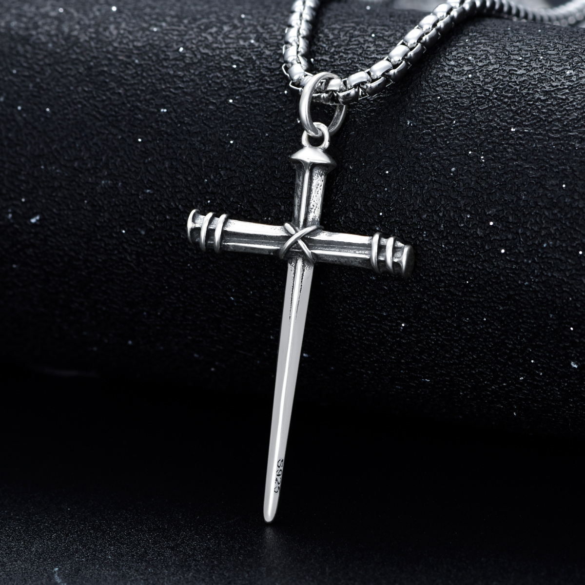 Halskette mit Kreuz- und Schwertanhänger aus Sterlingsilber für Herren-4