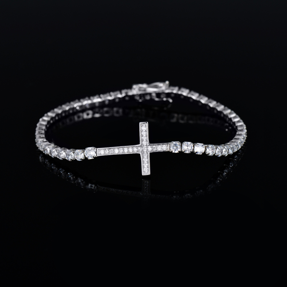 Sterling Silver Cubic Zirconia Cross Tennis Chain Bracelet-3