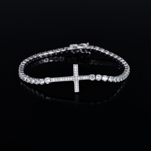 Sterling Silver Cubic Zirconia Cross Tennis Chain Bracelet-3