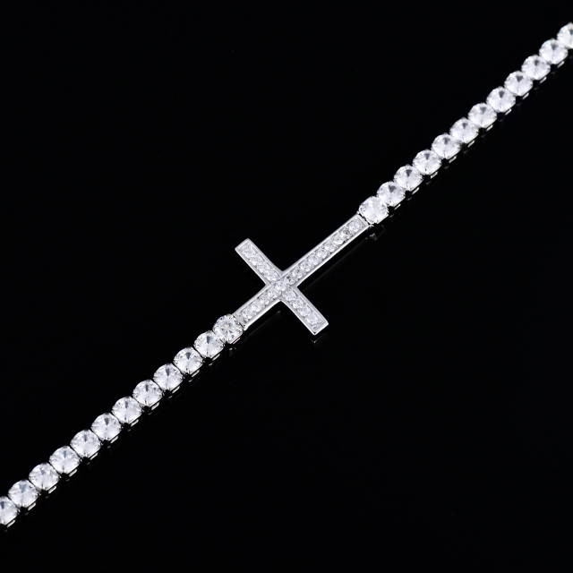 Sterling Silver Cubic Zirconia Cross Tennis Chain Bracelet-4