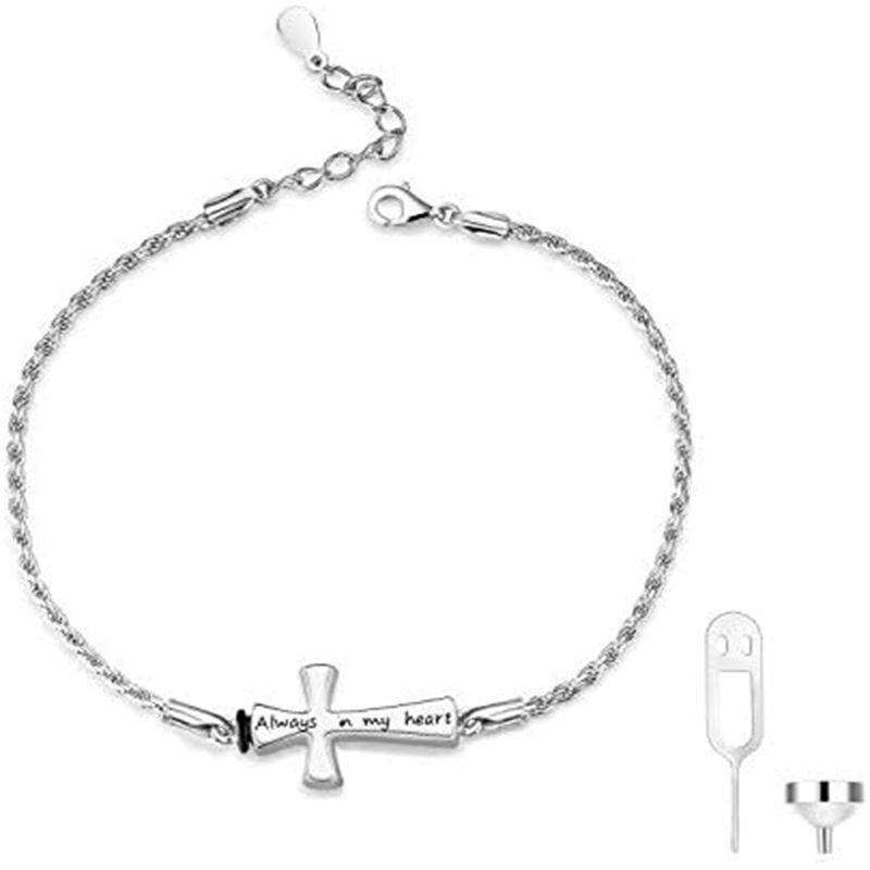 Bracelet Urne Croix en Argent Sterling pour Cendres avec Mot Gravé-1