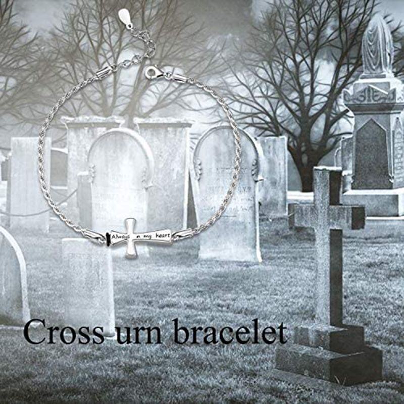 Sterling Silver Cross Urn Bracelet for Ashes with Engraved Word-4