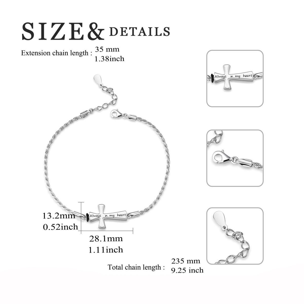 Bracelet Urne Croix en Argent Sterling pour Cendres avec Mot Gravé-5