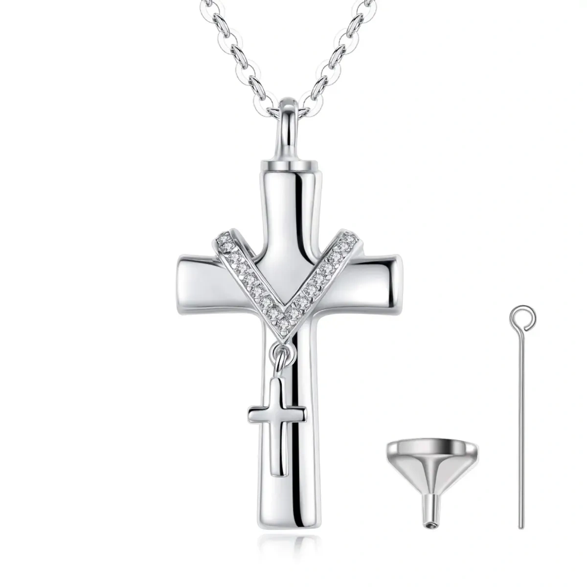 Sterling Silber Cubic Zirkonia Kreuz Urne Halskette für Asche-1