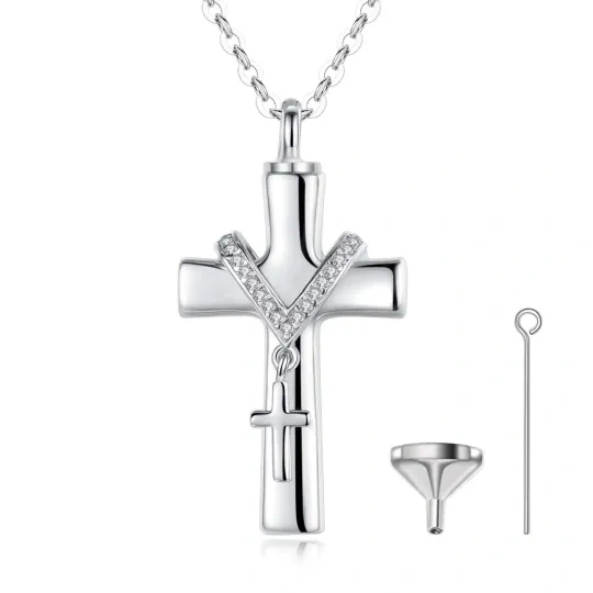 Sterling Silver Cubic Zirconia Cross Urn Necklace for Ashes