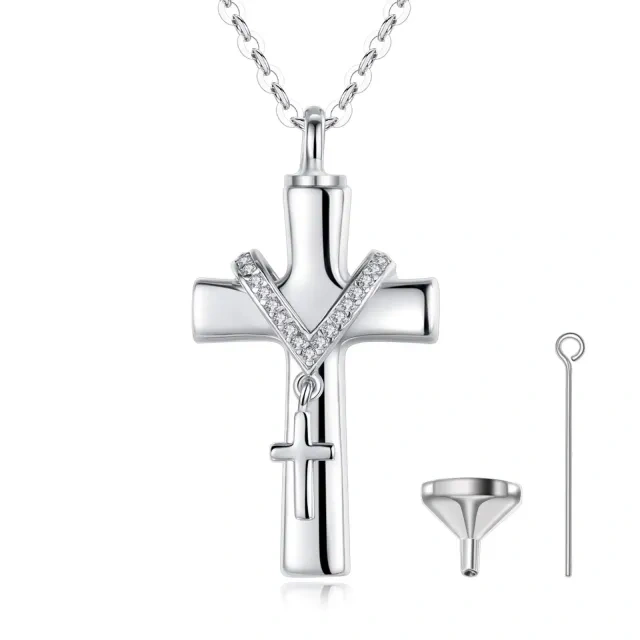 Sterling Silver Cubic Zirconia Cross Urn Necklace for Ashes-5