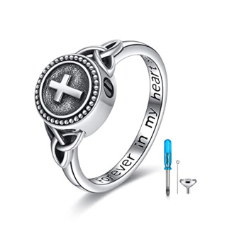 Sterling Silver Cross Urn Ring with Engraved Word-12