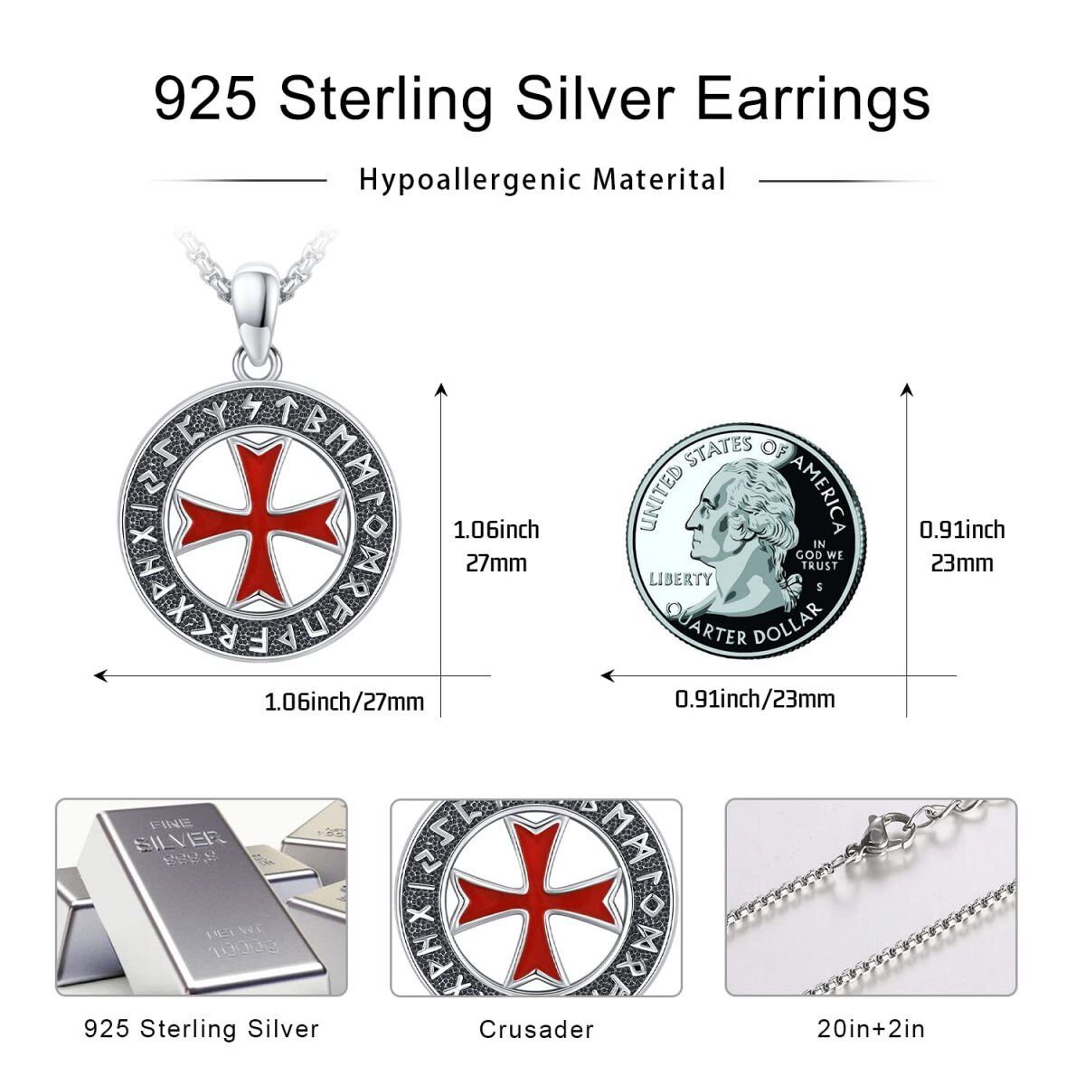 Sterling Silber Kreuz & Wikinger Runen Anhänger Halskette-5