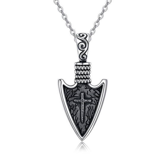 Sterling Silver Cross & Viking Spear Head Pendant Necklace for Men