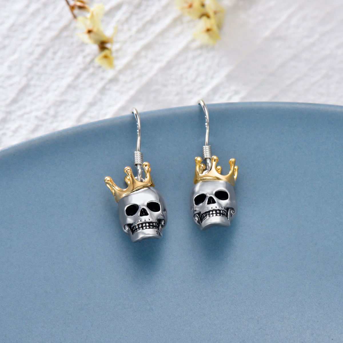 Pendientes colgantes con calavera y corona de plata de ley-3