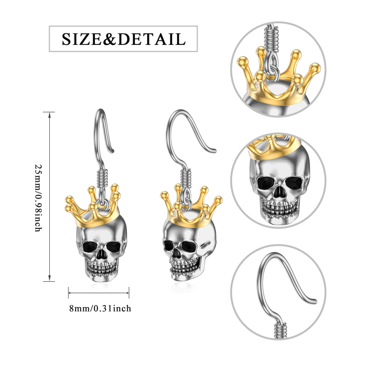 Tropfenohrringe aus Sterlingsilber mit Krone und Totenkopf-5