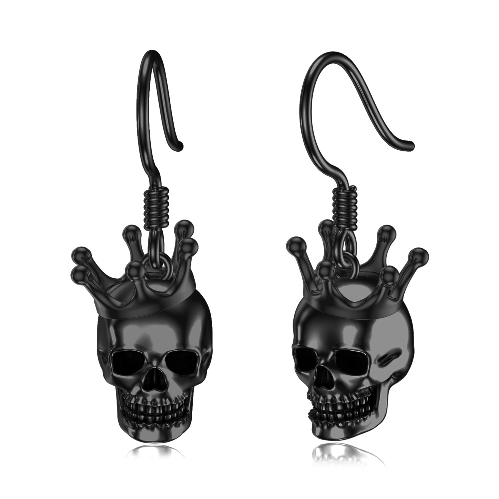 Sterling Silver Crown & Skull Drop Earrings-1