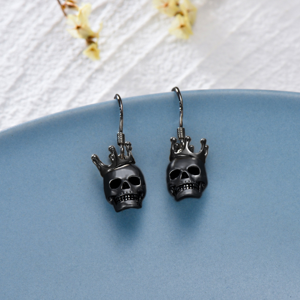 Sterling Silver Crown & Skull Drop Earrings-3