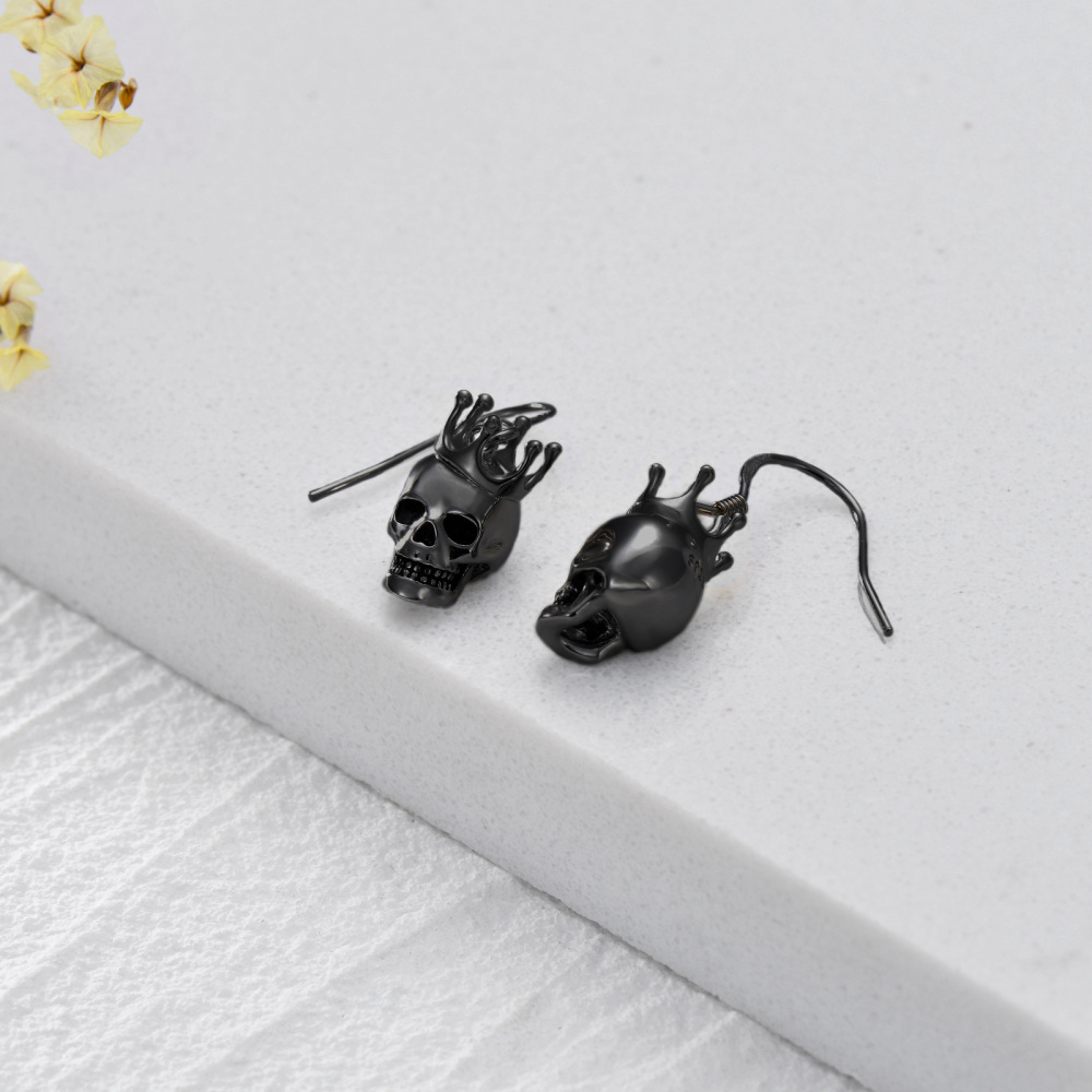 Sterling Silver Crown & Skull Drop Earrings-4