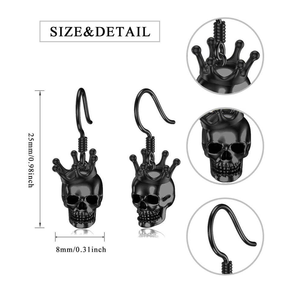 Sterling Silver Crown & Skull Drop Earrings-5
