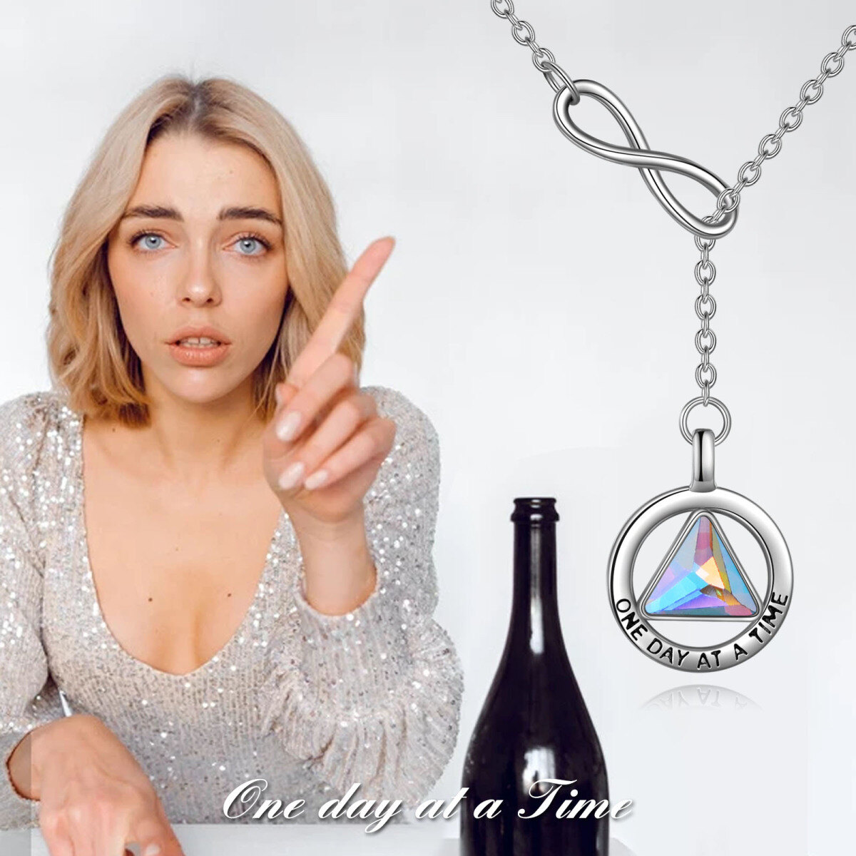 Sterling Silver Crystal Alcoholics Anonymous & Infinity Symbol Adjustable Y Necklace with Engraved Word-3