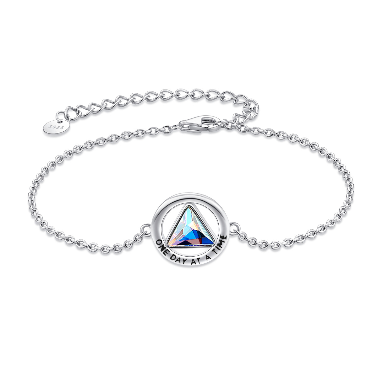 Sterling Silver Crystal Alcoholics Anonymous & Triangle Charm Bracelet with Engraved Word-1