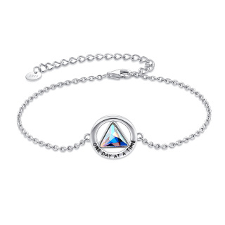 Sterling Silver Crystal Alcoholics Anonymous & Triangle Charm Bracelet with Engraved Word-25