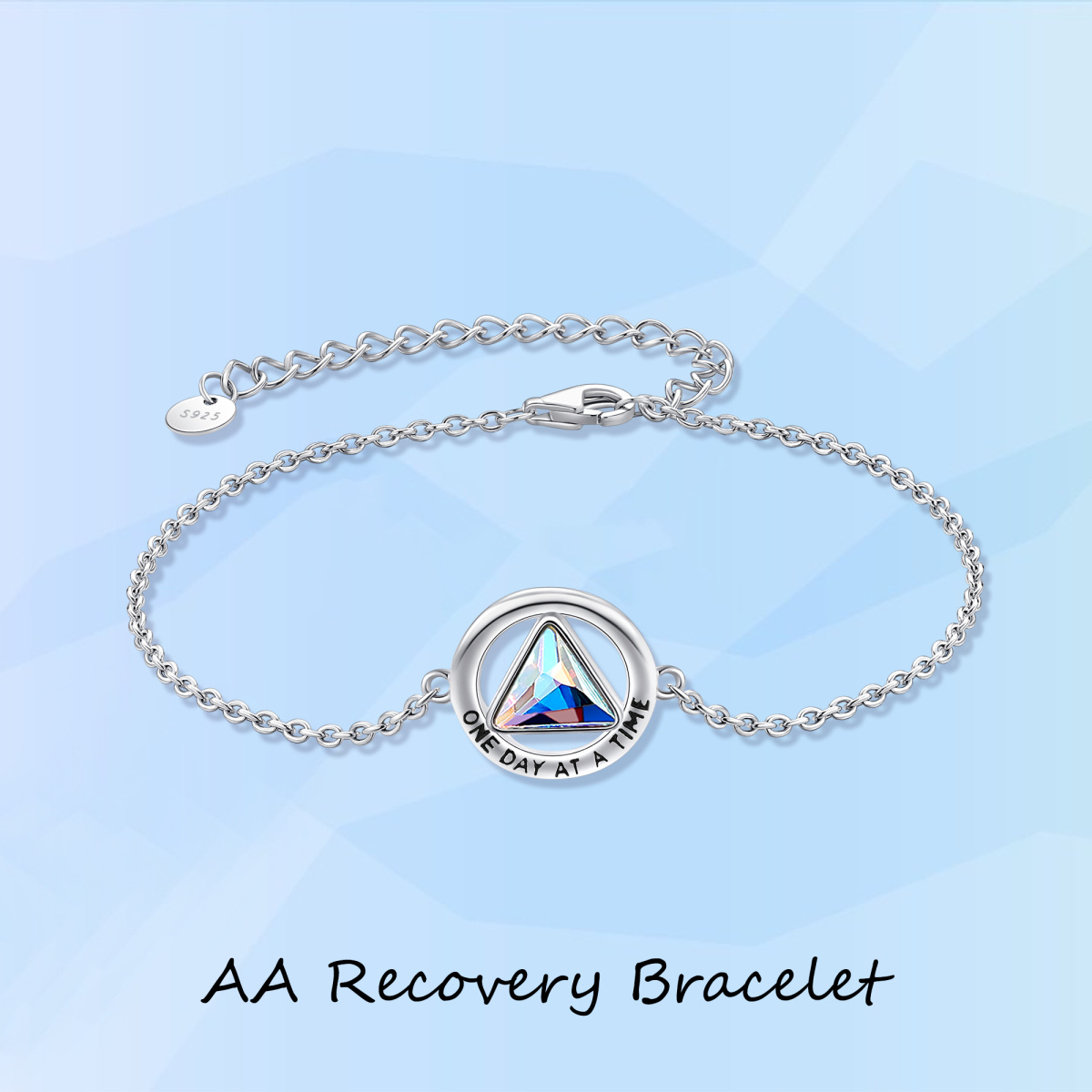 Sterling Silver Crystal Alcoholics Anonymous & Triangle Charm Bracelet with Engraved Word-5