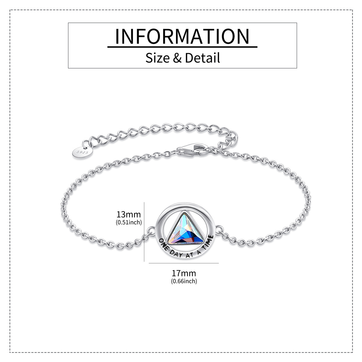 Sterling Silver Crystal Alcoholics Anonymous & Triangle Charm Bracelet with Engraved Word-6