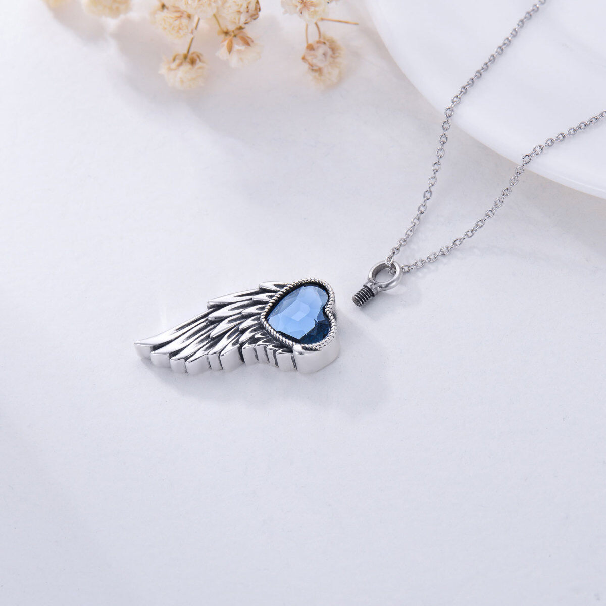 Sterling Silver Crystal Angel Wing & Heart Urn Necklace for Ashes-5