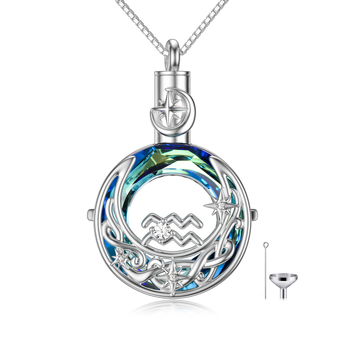 Sterling Silver Crystal Aquarius & Celtic Knot & Moon Urn Necklace for Ashes-1