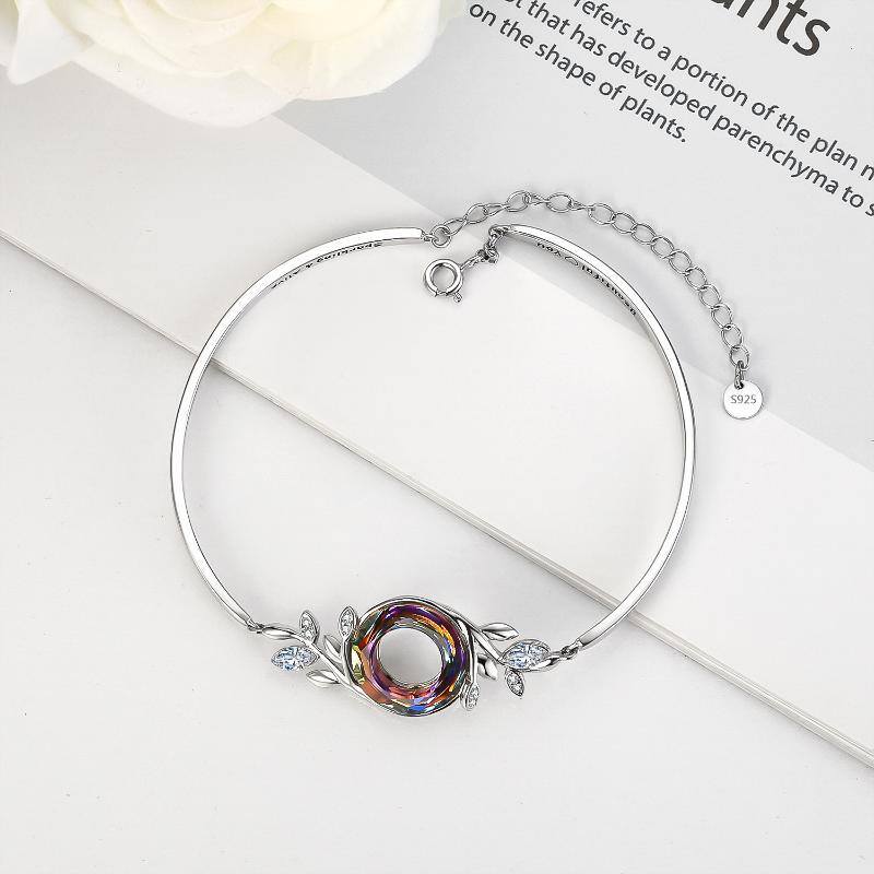 Sterling Silver Crystal Leaves Pendant Bangle Bracelet-4