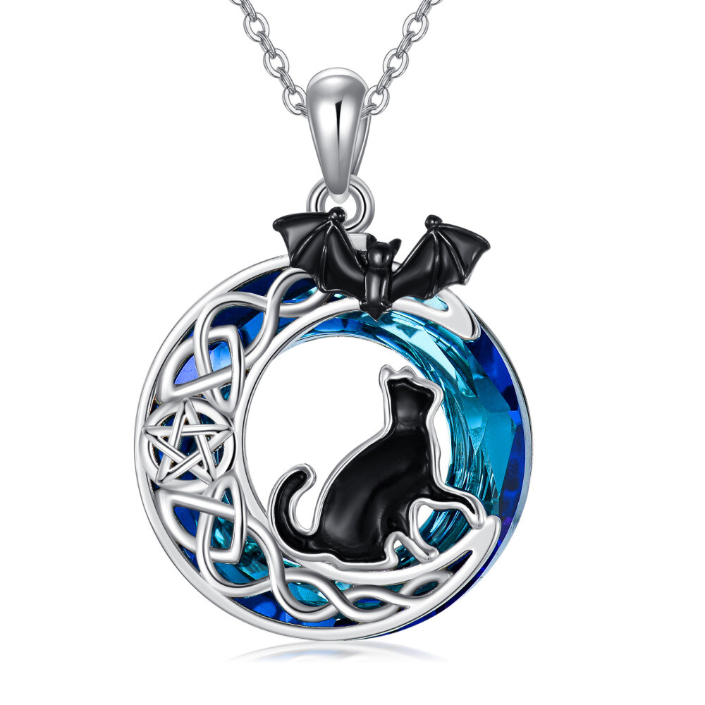 Sterling Silver Crystal Bat & Cat & Moon Necklaces-1