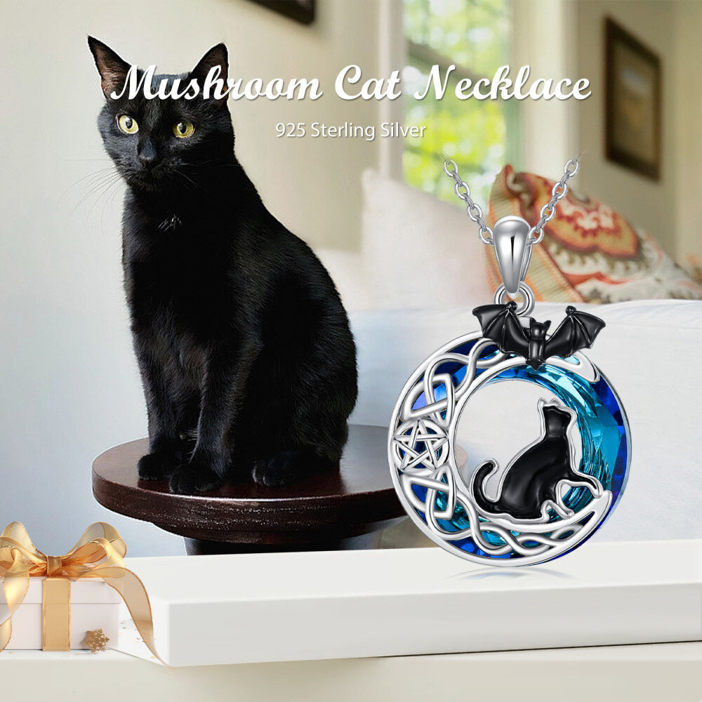Sterling Silver Crystal Bat & Cat & Moon Necklaces-3