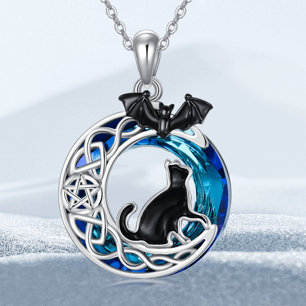 Sterling Silver Crystal Bat & Cat & Moon Necklaces-4