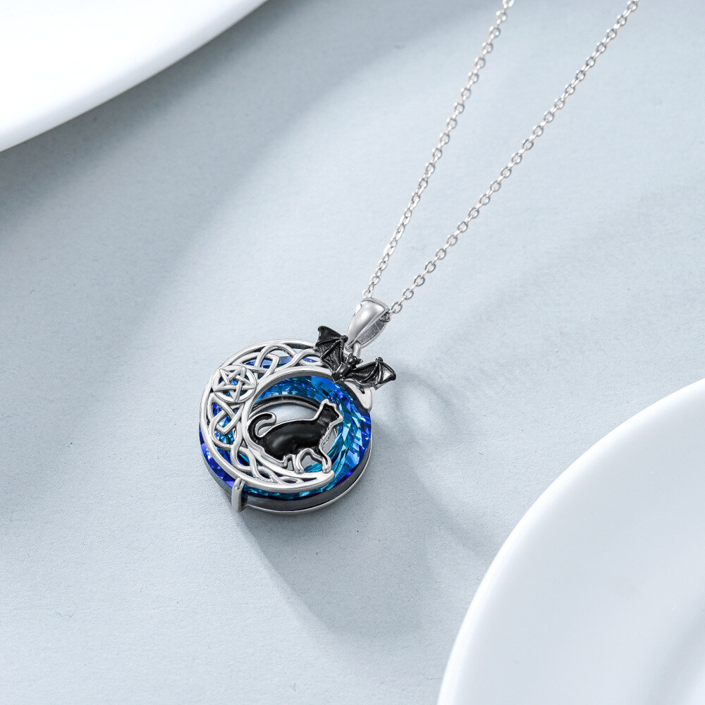 Sterling Silver Crystal Bat & Cat & Moon Necklaces-6