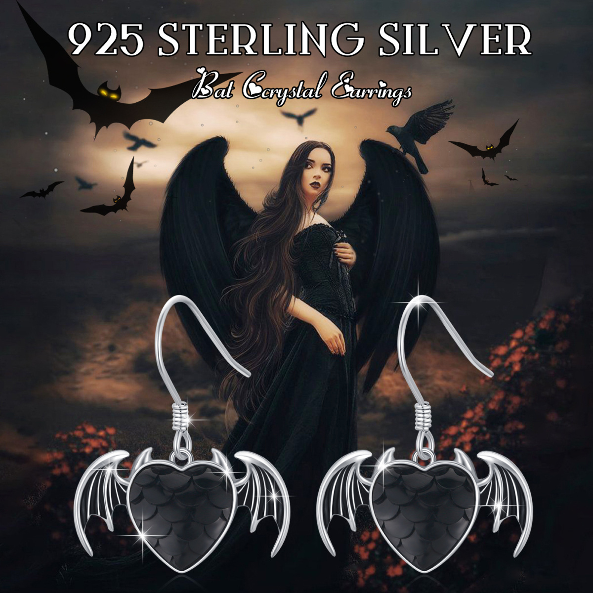 Sterling Silver Crystal Bat & Heart Drop Earrings-5