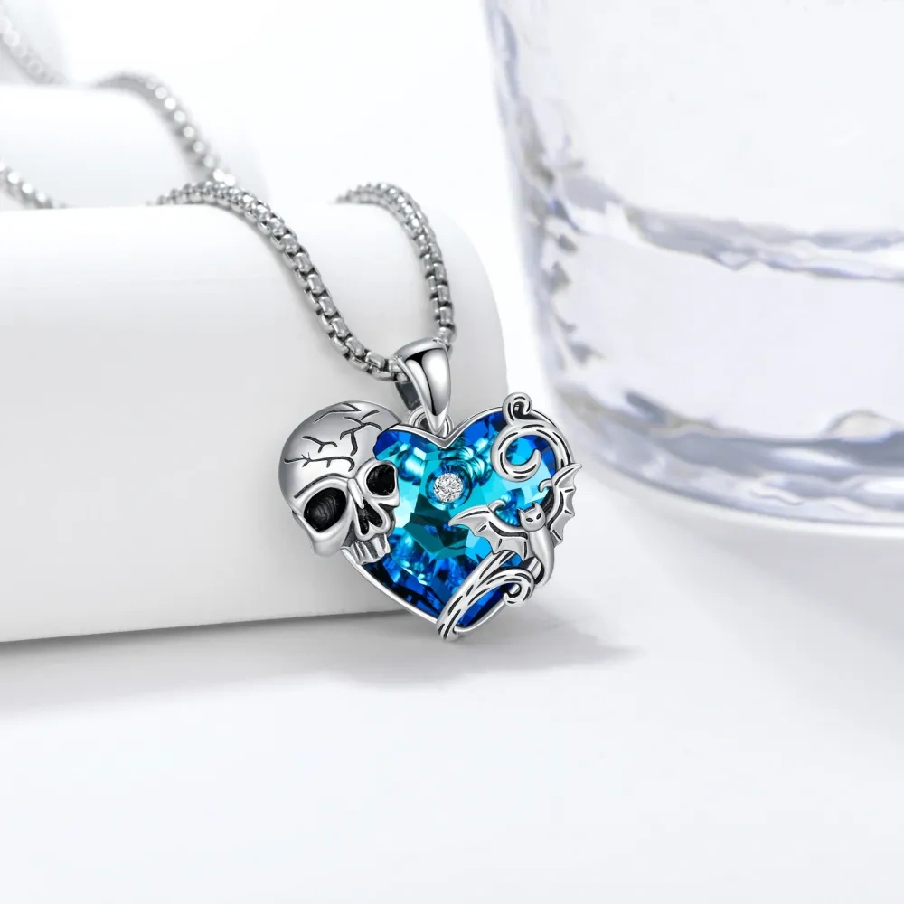 Sterling Silver Crystal Bat & Skeleton Pendant Halloween Gift Necklace-3
